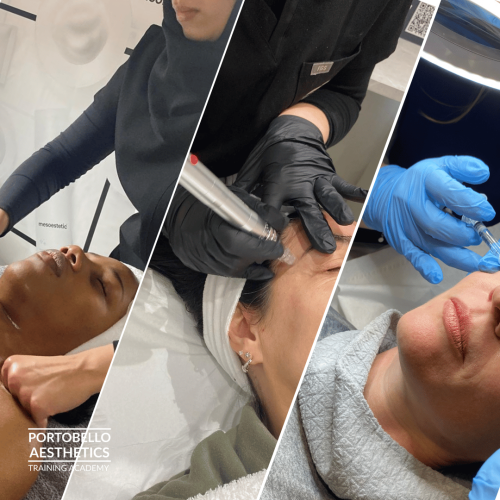 Collage of students completing VTCT Level 3, 4 and 5 aesthetics training at Portobello Aesthetics Training Academy in London.