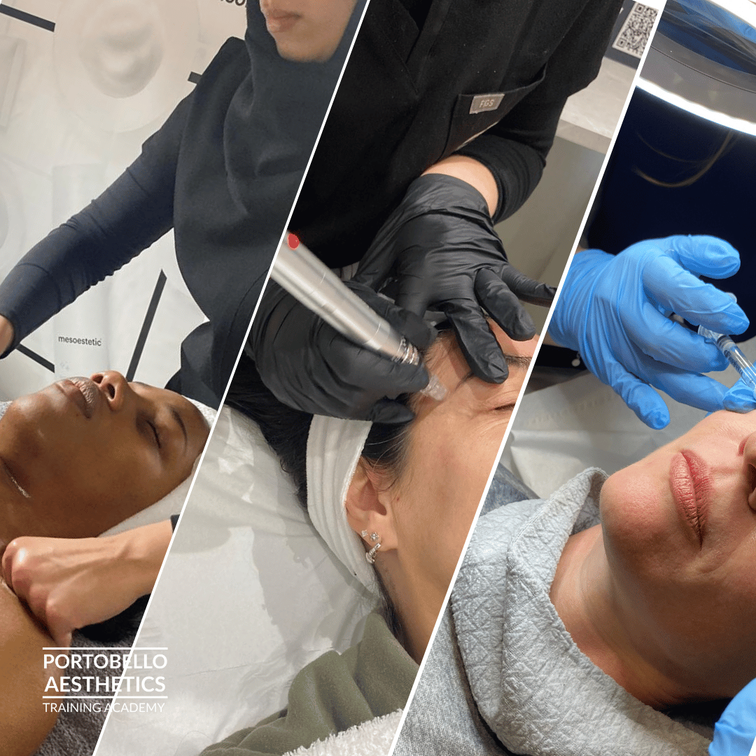 complete package Collage of students completing VTCT Level 3, 4 and 5 aesthetics training at Portobello Aesthetics Training Academy in London.